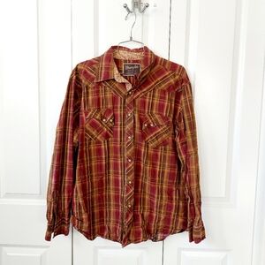 Wrangler Western Snap Shirt Red & Brown Plaid XLarge Cowboy Country Retro